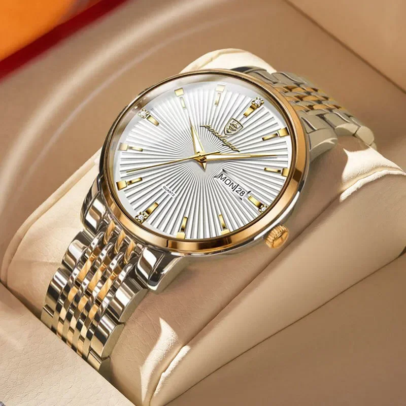 Луксозни бизнес мъжки часовник-Тънки водоустойчив Мъжки часовник с нежна дата и седмица от неръждаема стомана, кварцов мъжки часовник в подарък