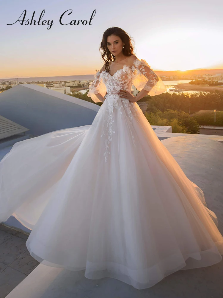 Сватбена рокля с А-силует Ашли Carol за жени 2024 г. Апликация на булката с пищни ръкави във формата на сърце, сватбената рокля на принцеса Vestidos De Новия