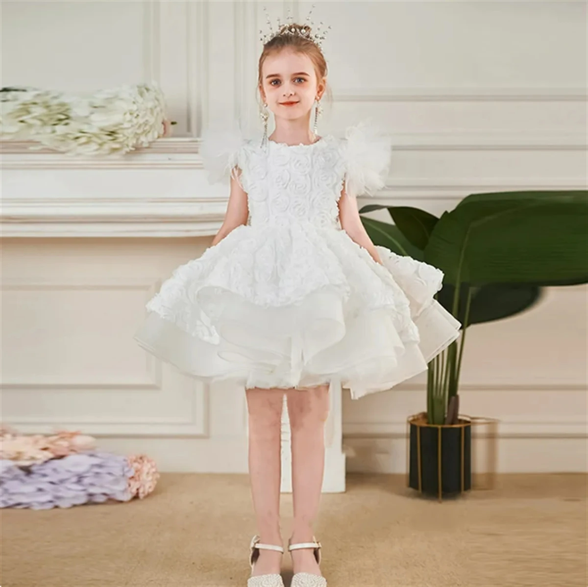 Рокля с цветя модел за момичета, Бяла фатиновая пола с 3D аппликацией, Сватбена рокля, с хубави цветя модел за Първата Евхаристия дете, рокля за парти в чест на рождения ден, подарък за момичета