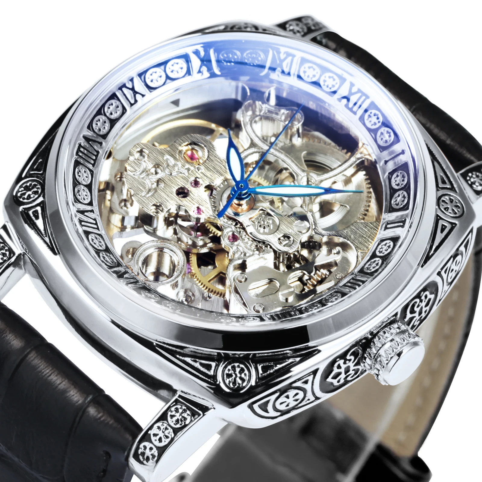 Реколта мъжки автоматичен часовник с квадратна виртуален скелет, луксозен механизъм с надпис, Светещите стрелки, Механичен часовник с каишка от естествена кожа