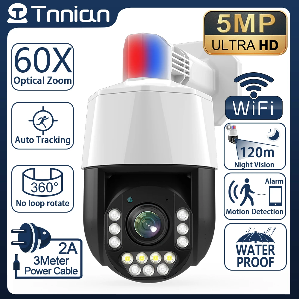 Tnnian 5-мегапикселова PTZ-WIFI Камера с въртяща се на 360 °, 60-кратно оптично увеличение, следене на лицето с помощта на изкуствен интелект, външна охрана, видеонаблюдение, IP камера RJ-45