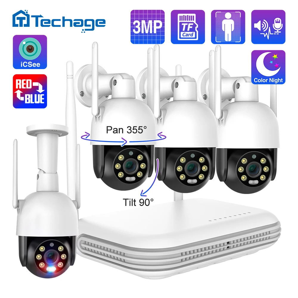 Techage 3-Мегапикселова мини PTZ камера, Wi-Fi, 8-канален цветен комплект за видеонаблюдение за нощно виждане, уведомяване по електронна поща за откриване на човек